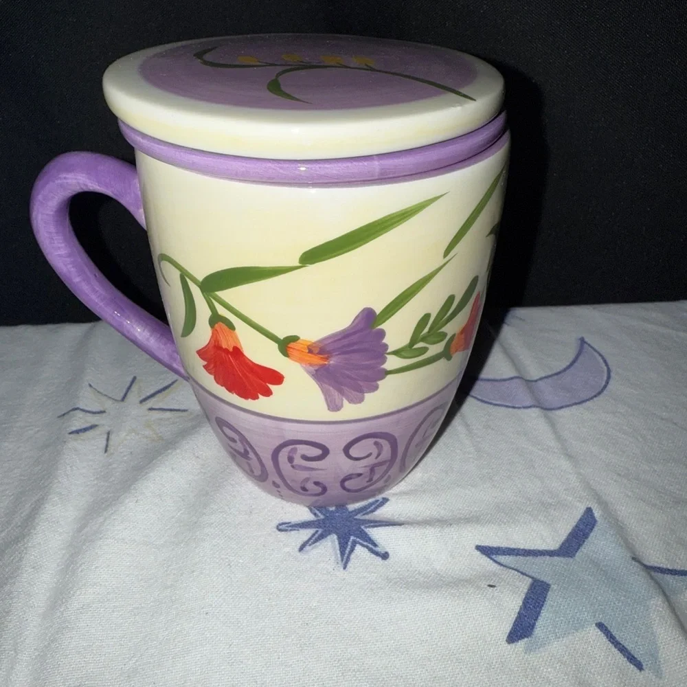 Floral 3 piece Tea Strainer Mug Lid Ceramic Cup Holder Exclusive Barnes Noble